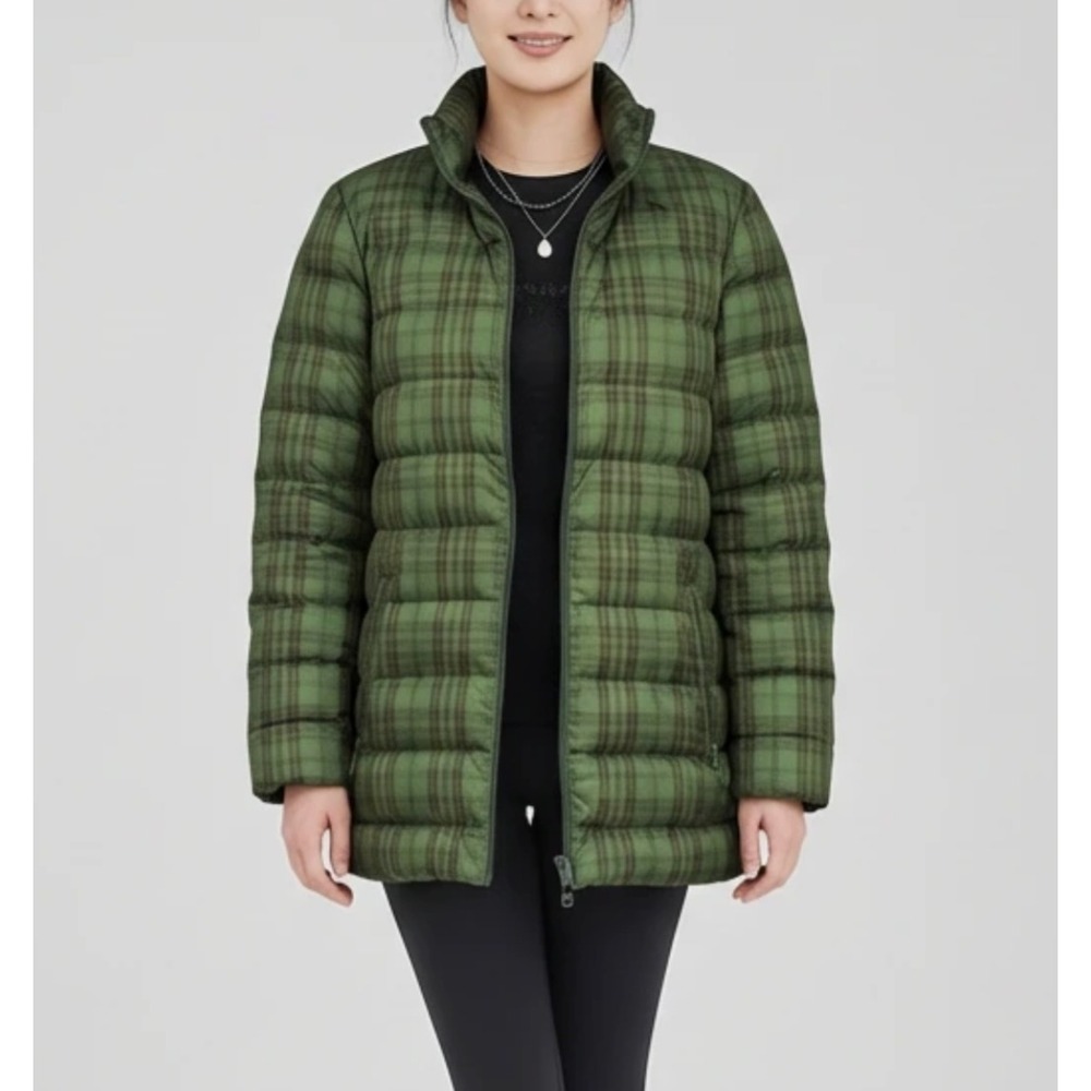 J. Jill Down Puffer Jacket Green Plaid Quilted Coat XL Lightweight Packable